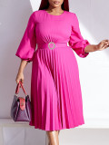 Solid Color Pressed pleated Belt Loose Midi Dress GCZF-8553