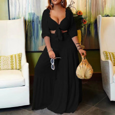 Solid Color Pleated Tie Up Two Piece Skirt Set GCZF-D220
