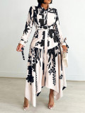 Fashion Printed Lapel Tie Irregular Midi Dress GCZF-D3264-C1