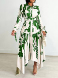 Fashion Printed Lapel Tie Irregular Midi Dress GCZF-D3264-C1