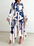 Fashion Printed Lapel Tie Irregular Midi Dress GCZF-D3264-C1