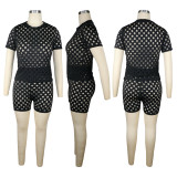 Solid Color Holes Short Sleeve 2 Piece Shorts Set TE-4674