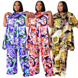 Plus Size Print Short Sleeve Shirt 2 Piece Set NNWF-7986