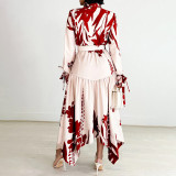 Fashion Printed Lapel Tie Irregular Midi Dress GCZF-D3264-C1