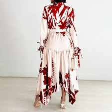 Fashion Printed Lapel Tie Irregular Midi Dress GCZF-D3264-C1