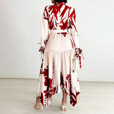 Fashion Printed Lapel Tie Irregular Midi Dress GCZF-D3264-C1
