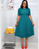 Plus Size Solid O Neck Short Sleeve Pleated Dress GCZF-D028-C1