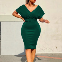 Solid Color V Neck Midi Dress GCZF-8511