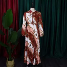 Long Sleeve Print Tie Up Pleated Maxi Dress GCZF-8463