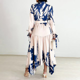 Fashion Printed Lapel Tie Irregular Midi Dress GCZF-D3264-C1