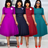 Plus Size Solid O Neck Short Sleeve Pleated Dress GCZF-D028-C1