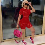 Solid Color Holes Short Sleeve 2 Piece Shorts Set TE-4674