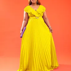 Fashion Ruffled Pleated Maxi Dress(With Belt) GCZF-8486P