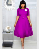 Plus Size Solid O Neck Short Sleeve Pleated Dress GCZF-D028-C1