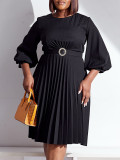 Solid Color Pressed pleated Belt Loose Midi Dress GCZF-8553