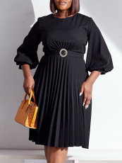 Solid Color Pressed pleated Belt Loose Midi Dress GCZF-8553