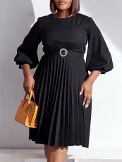 Solid Color Pressed pleated Belt Loose Midi Dress GCZF-8553