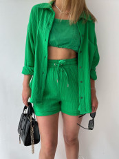 Solid Color Long Sleeve Shirt Two Piece Shorts Set MIL-T107