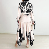 Fashion Printed Lapel Tie Irregular Midi Dress GCZF-D3264-C1
