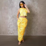 Print Sleeveless Hooded Vest Two Piece Skirts Set NY-10766