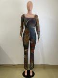 Mesh Print Long Sleeve Jumpsuit QODY-6030