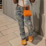 Denim Stacked Ripped Washed Tassel Jeans GSMJ-6956