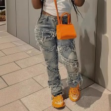 Denim Stacked Ripped Washed Tassel Jeans GSMJ-6956