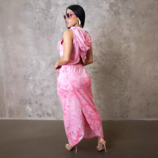 Print Sleeveless Hooded Vest Two Piece Skirts Set NY-10766