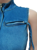 Short Sleeve Drawstring Zipper Denim Mini Dress CM-8715