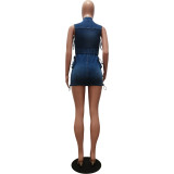 Short Sleeve Drawstring Zipper Denim Mini Dress CM-8715