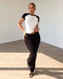 Color Block Sports Yoga Short Sleeve Two Piece Set QODY-6031