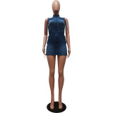 Short Sleeve Drawstring Zipper Denim Mini Dress CM-8715