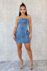 Sexy Denim Tube Tops Zipper Mini Dress CM-8718