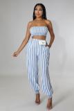 Stripe Print Wrap Chest Tops Two Piece Pants Set BS-1363