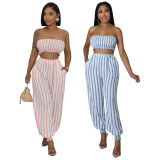 Stripe Print Wrap Chest Tops Two Piece Pants Set BS-1363