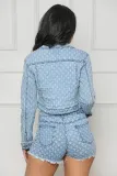 Casual Ripped Denim Long Sleeve Shorts Two Piece Set TR-1299