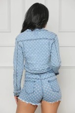 Casual Ripped Denim Long Sleeve Shorts Two Piece Set TR-1299