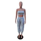 Stripe Print Wrap Chest Tops Two Piece Pants Set BS-1363