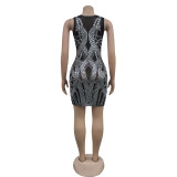 Solid Color Mesh Hot Drill Mini Dress BY-6898