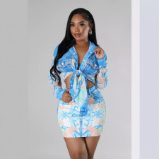Casual Print Long Sleeve Shirt And Skirt 2 Piece Set GYSF-1079