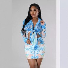 Casual Print Long Sleeve Shirt And Skirt 2 Piece Set GYSF-1079
