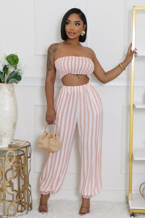Stripe Print Wrap Chest Tops Two Piece Pants Set BS-1363