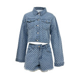Casual Ripped Denim Long Sleeve Shorts Two Piece Set TR-1299