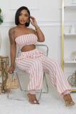 Stripe Print Wrap Chest Tops Two Piece Pants Set BS-1363