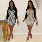 Solid Color Mesh Hot Drill Mini Dress BY-6898