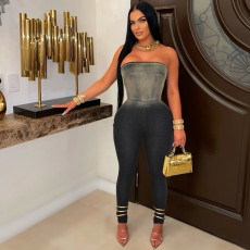 Wrap Chest Skinny Gradient Color Denim Jumpsuit ZSD-0679