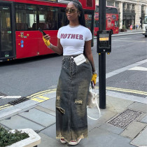 Ripped Denim Straight Loose Denim Skirt WAF-77664