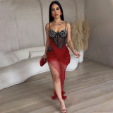Solid Color Hot Rhinestone Mesh Irregular Mini Dress CYA-901098