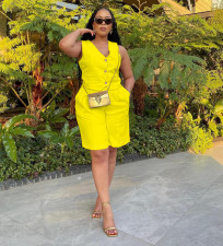 Sleeveless Solid Color V Neck Two Piece Shorts Set MAE-2196