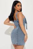 Shoulder Strap Snap Adjuster Denim Patchwork Midi Dress YMEF-51090